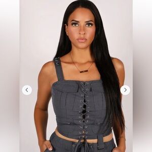 Win Win Women’s M Lace Up Corset Crop Top Bikercore Grunge Buckle Slate Gray New
